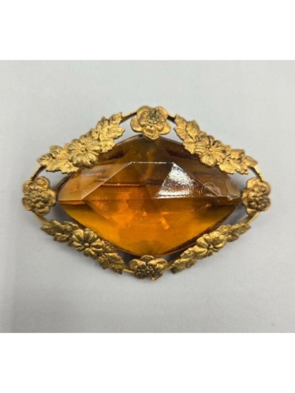 Topaz Czech Glass Brooch Brass Floral Setting Vintage - Picture 1 of 3